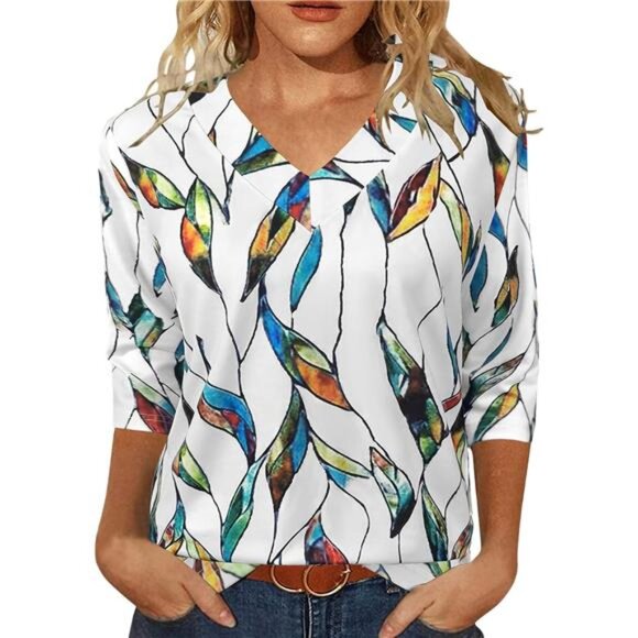 V-Neck 3/4 Sleeve Tunic Top – Casual Loose Fit Summer Blouse - Picture 1 of 4